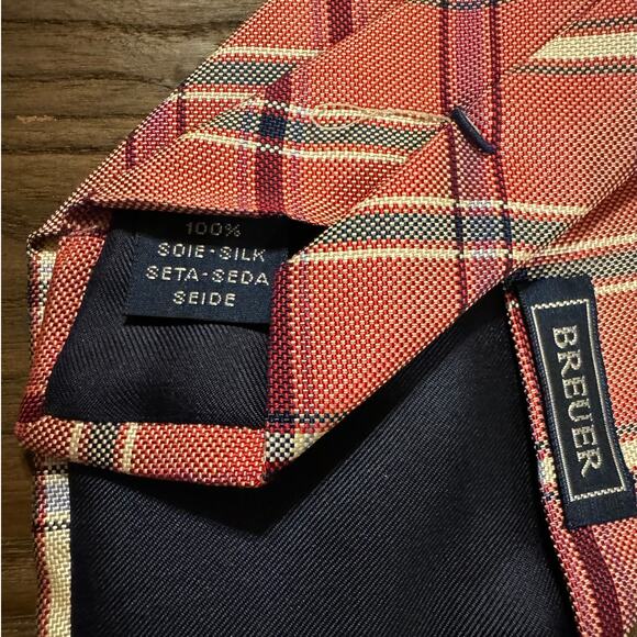 BREUER Men's Designer Silk Plaid Check Red Blue White Neck Tie Made In - Picture 10 of 10